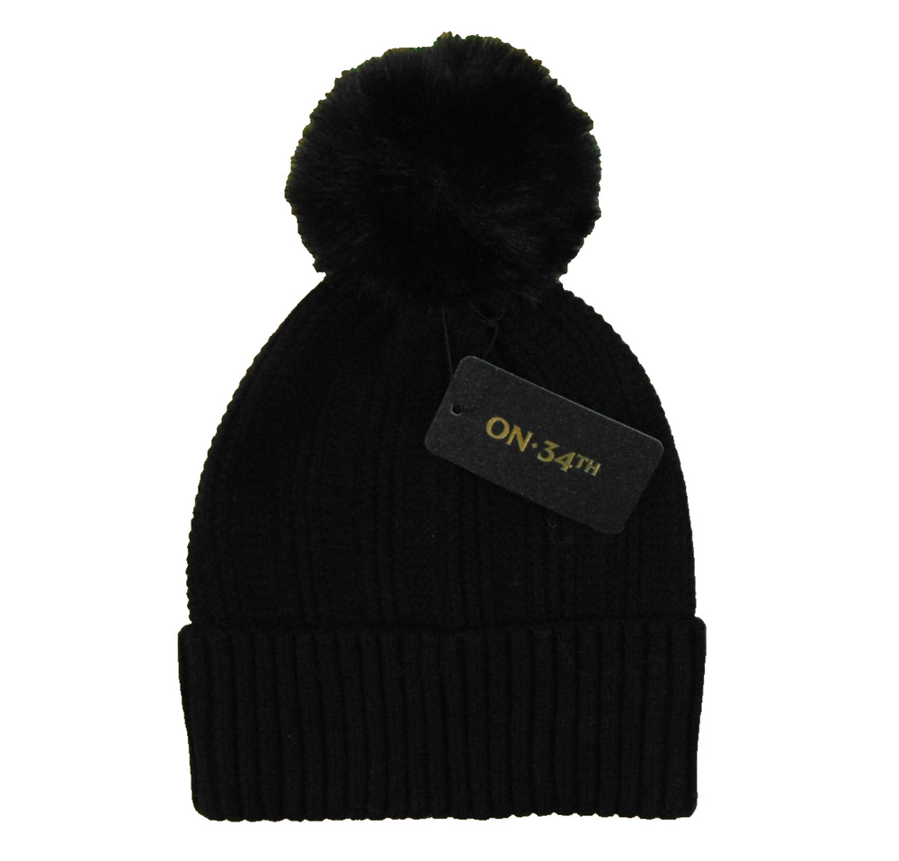 On 34th Ribbed Knit Cuffed Beanie Black Faux Fur Pom Pom One Size NWT Macys